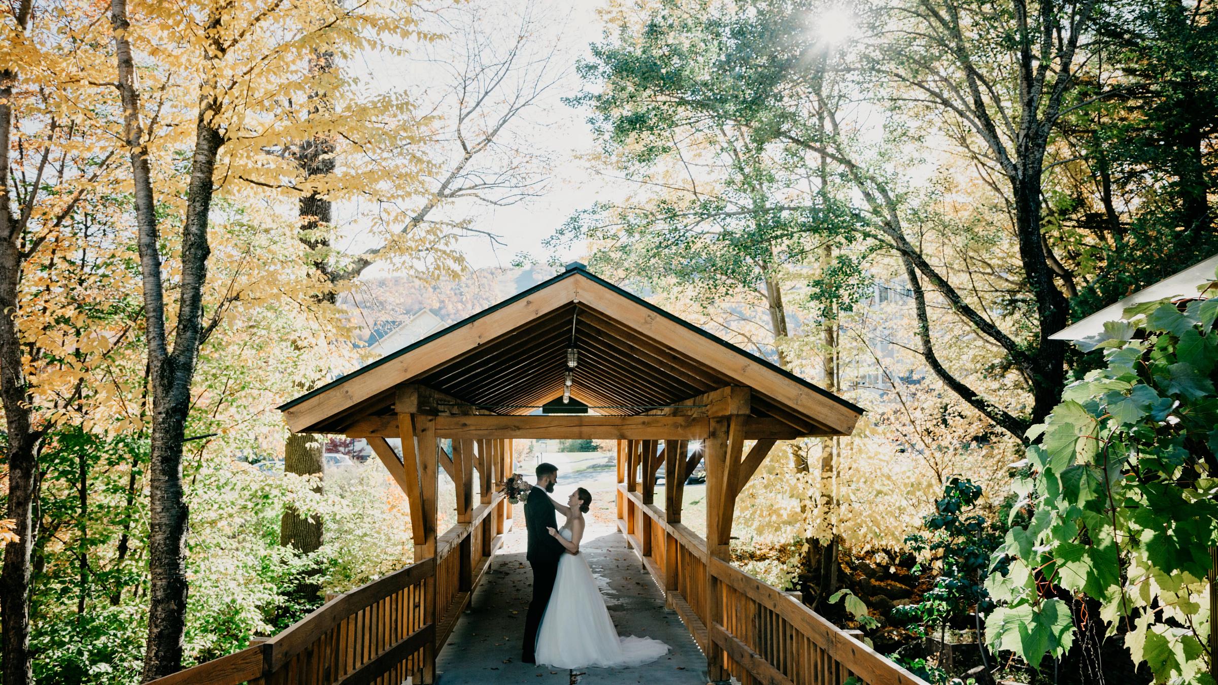 Just married couple under a covered bridge