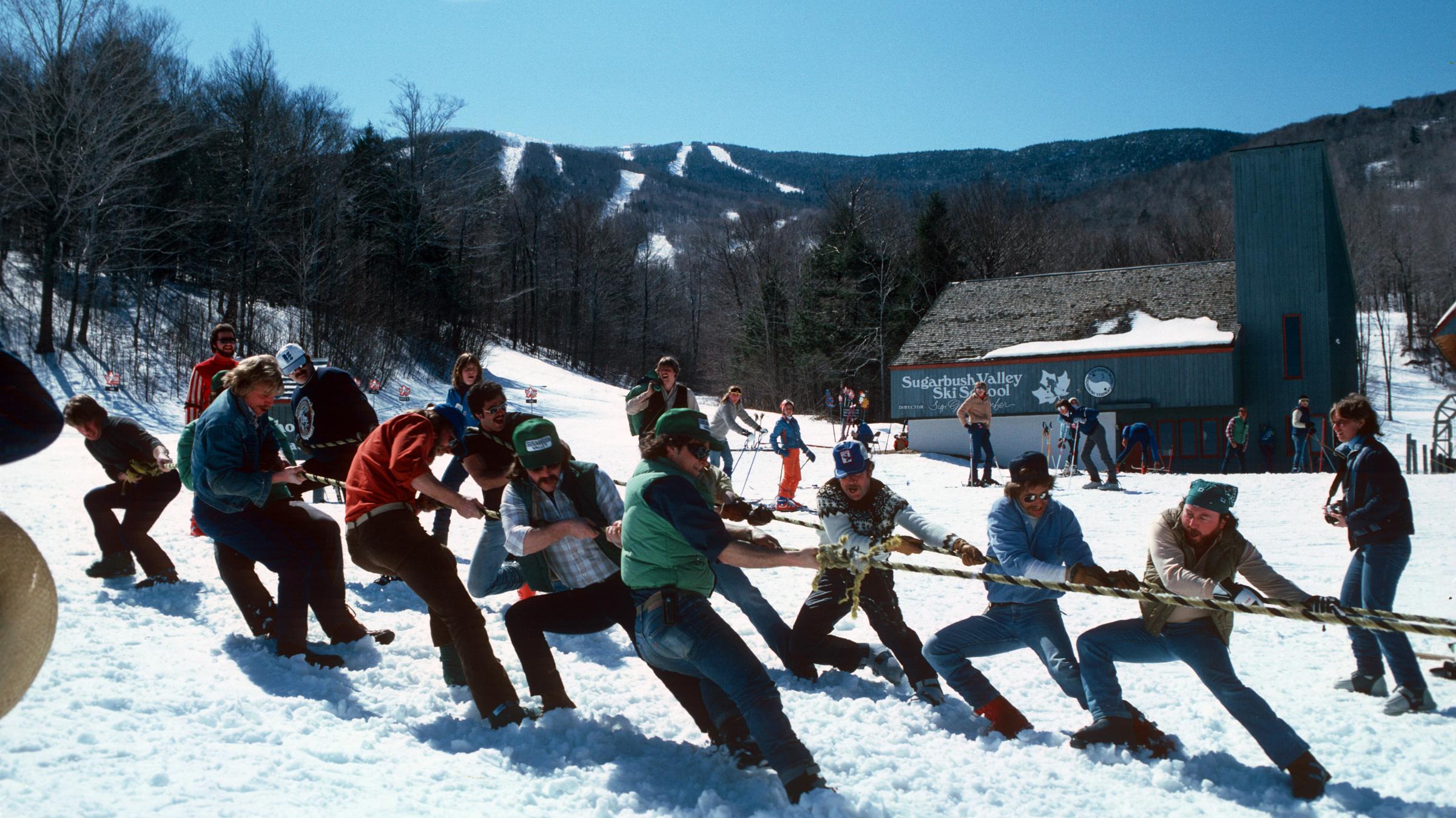 Group playing tug-o-war at Mt. Ellen